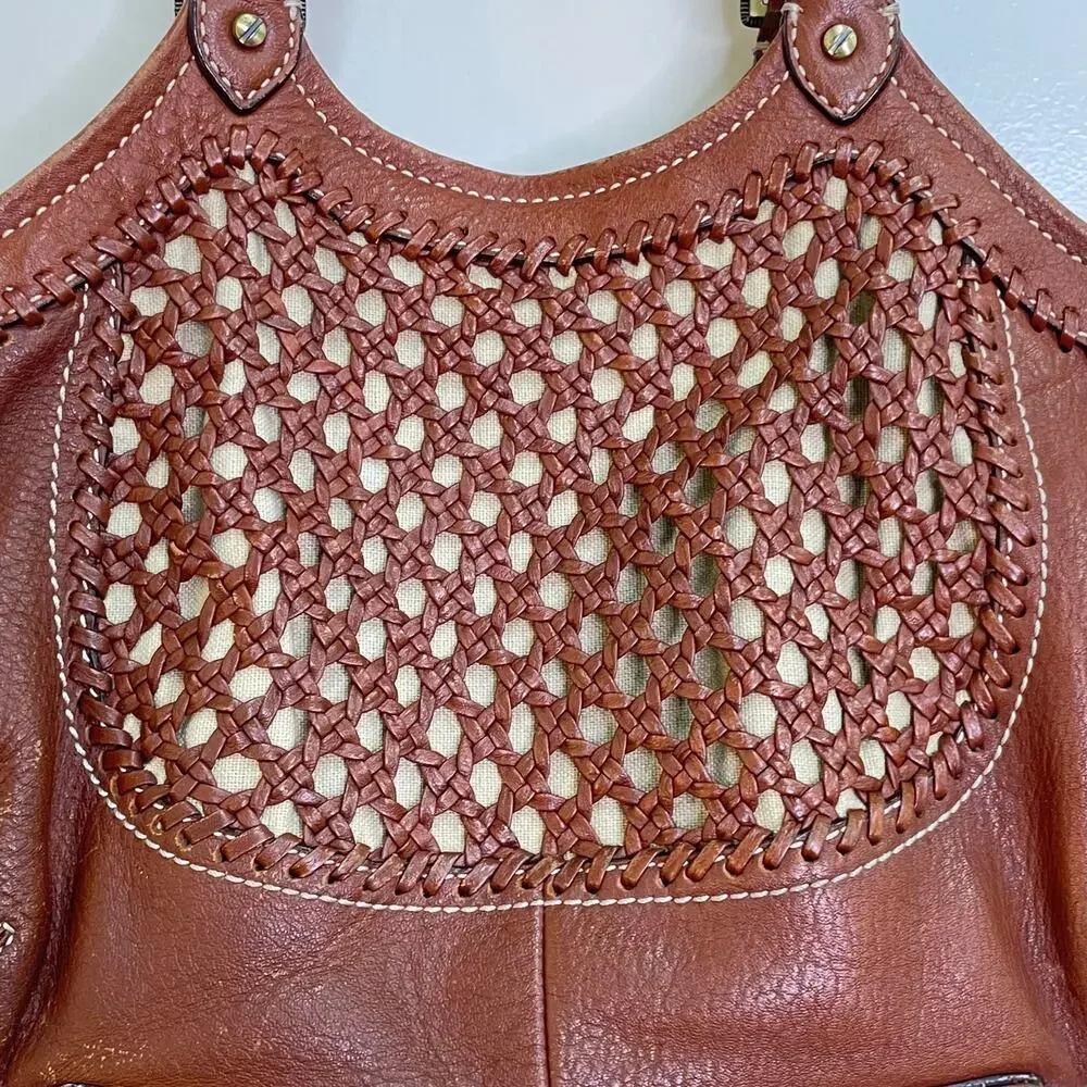 Cole Haan Paige Brown Crochet Woven Leather Double Handle Hobo Bag Purse